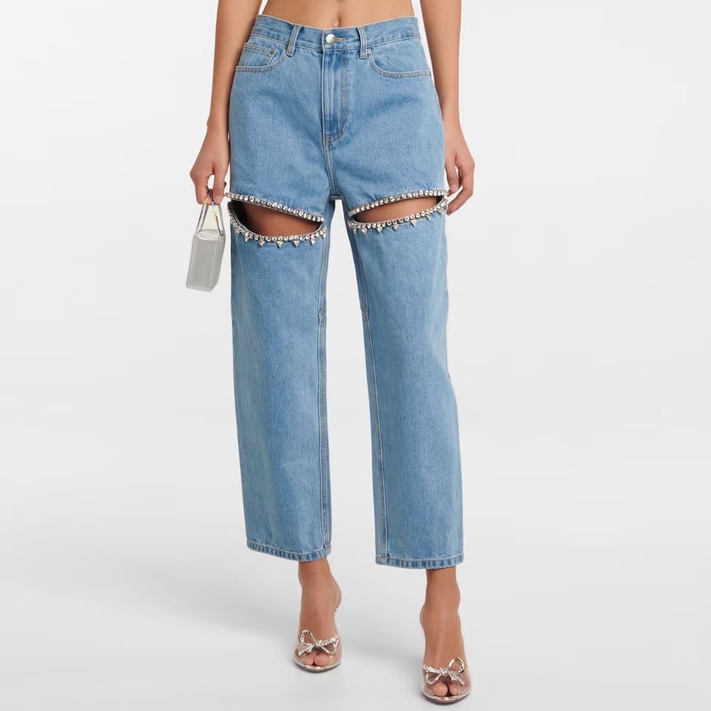 NWT STYLISH CRYSTAL EMBELLISHED CUTOUT HIGH WAIST STRAIGHT LEG DENIM JEANS